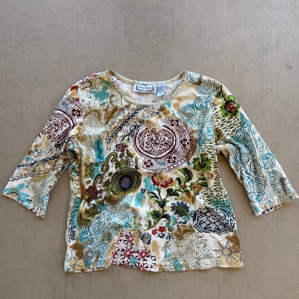 2000s Sara Studio Bohemian Paisley Knit Top Womens Medium 3/4 Sleeve‎